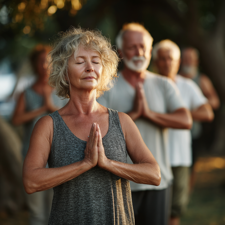 Възрастни хора се разтягат на йога